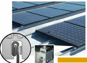 Metal roofing can make use of special seam-clamping hardware that grips the standing seam without puncturing the membrane. Seam clamps have made metal roofing a preferred roof type for mounting photovoltaic solar arrays. PHOTO: Metal Roof Advisory Group Ltd.