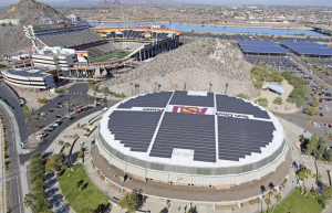WELLS FARGO ARENA, TEMPE, ARIZ., features a RoofPoint-certified white, reflective membrane from Sika Sarnafil that will decrease heat flow through the roof system. More than 2,000 photovoltaic panels from Kyocera Solar Inc. will produce an estimated 800,000 kWh annually.