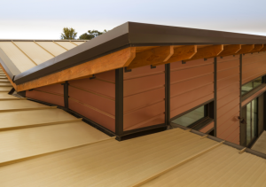 The roof of the Eser residence features unconventional angles, including a large section over the great room with an inverted butterfly design that required an internal gutter system.