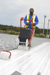 At the SportsWorld program center, crews recoated the existing 450,000-square-foot metal roof with the Silicone Roof Coating System