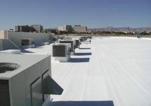 A reflective coating has been applied to a hybrid asphaltic roof. PHOTO: GAF