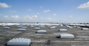 As part of the project, Highland Commercial Roofing changed out 295 old skylights and smoke-vent skylights across the roof, replacing them all with new UL793-compliant smoke-vent skylights. Photo courtesy of SKYCO Skylights.