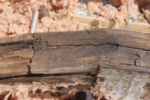 Photo 2a: Condensation in wood structures doesn’t result in good things. Note the deterioration of the wood trusses and their structural failure. 