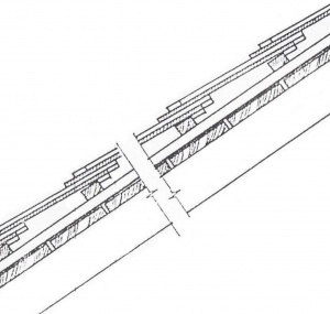 Image 21. This detail shows roof tiles on a lath grid supported by a protected plank surface. Source: Course on Finishing Systems, 1989, Alexandru Stan, Professor of Architecture.