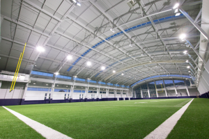 Liberty University’s new indoor practice facility encloses an entire regulation football field. 