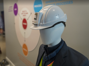 The Microsoft team demonstrated how a hard hat and safety vest fitted with sensors could communicate vital information to others far from the jobsite.